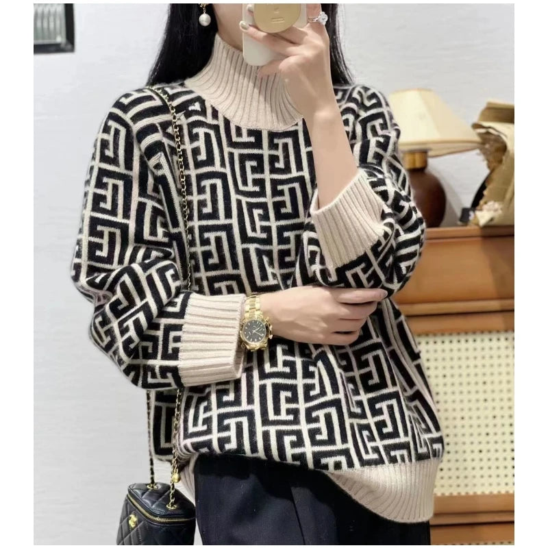 High-End 100% Ziegenwollpullover Damen Stehkragen lockerer Pullover Herbst Winter neuer Stil im Western-Look mit Verjüngungseffekt