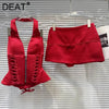 DEAT 2026 Summer New Sexy Hot Girl V-neck Backless Bandage Bowknot Fishbone Halter Top Red Mini Skirt For Women 11B1198