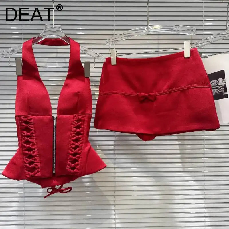 DEAT 2026 Summer New Sexy Hot Girl V-neck Backless Bandage Bowknot Fishbone Halter Top Red Mini Skirt For Women 11B1198