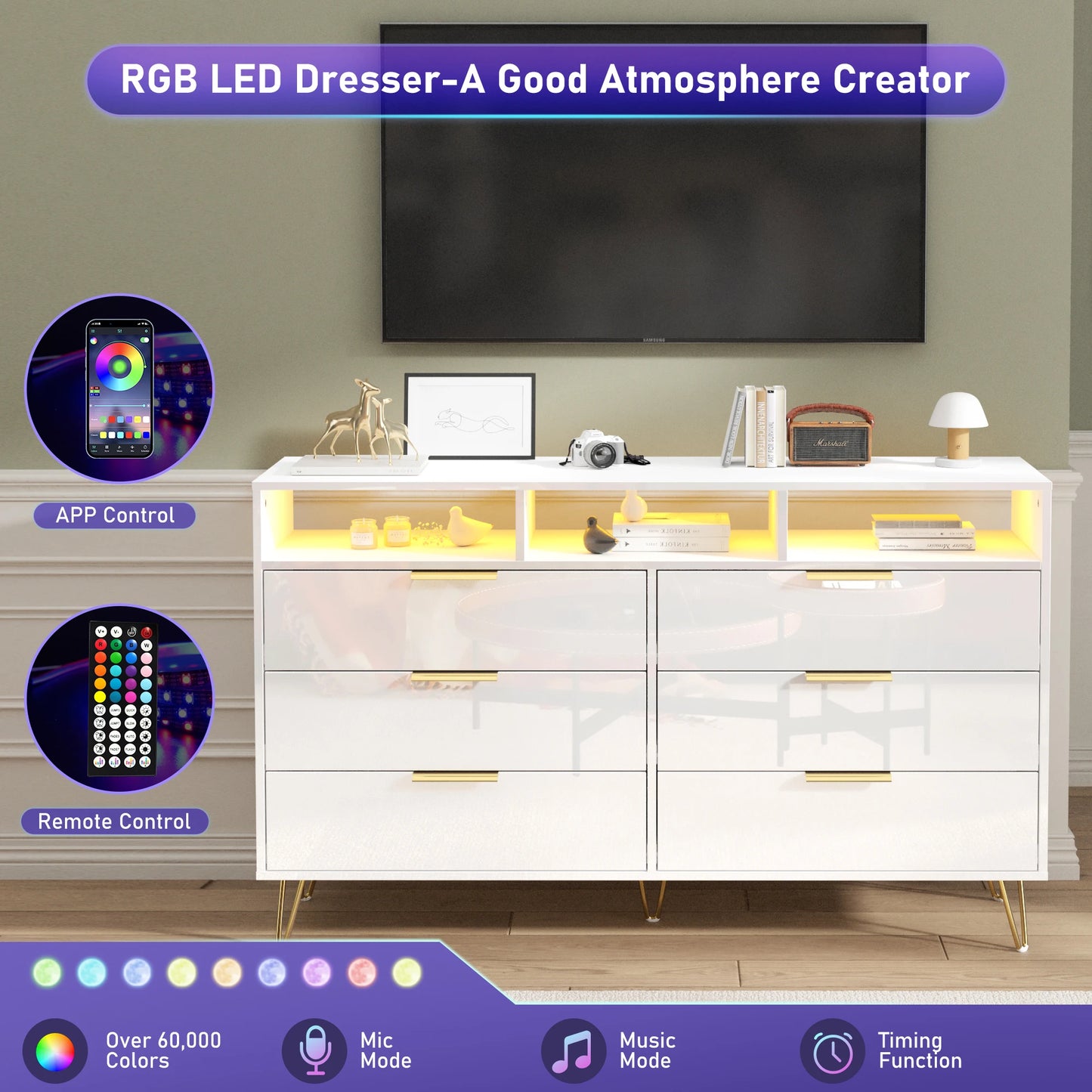 Kommode mit 6 Schubladen für Schlafzimmer mit LED-Beleuchtung, Hochglanz-Kommode mit Metallfüßen, moderner Holzschrank-Aufbewahrungsorganisator
