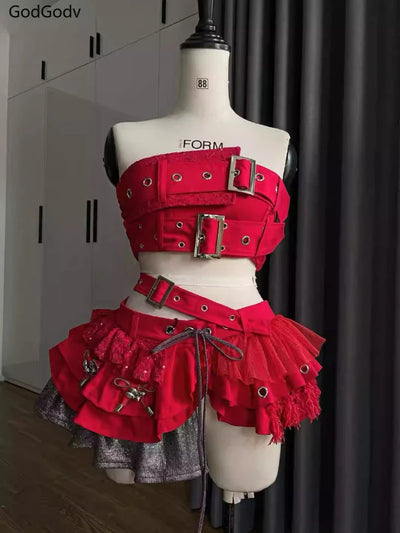 Punk Style Vintage Woman 2 Piece Sets Y2k Design Strapless Crop Tops + High Waist Ruffle Skirt Female Party Korea Style Outfits