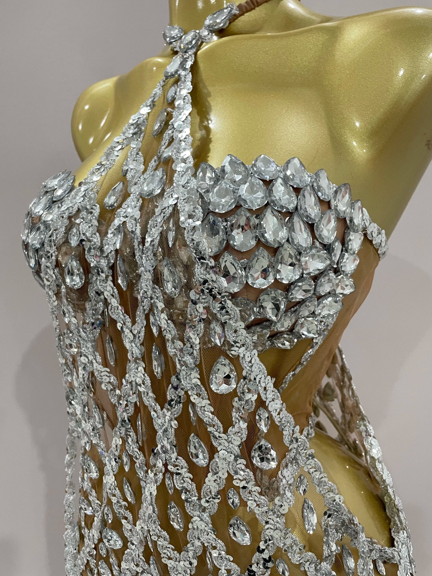 Sexy Sparkly Sequin Diamond Mesh Transparent Two Piece Set Women Celebrate Evening Party Birthday Dress Stage Photo Shoot Wear