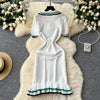 CM.YAYA Women Knit Ribbon Striped Short Sleeve V-neck Ruffles Mini Dress 2025 Summer Club Sexy Party Evening Dresses Vestidos