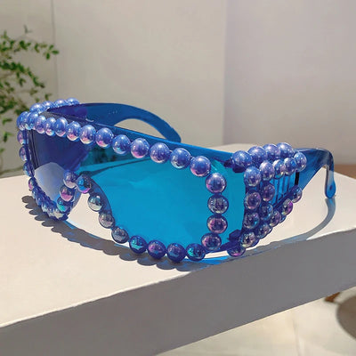 KAMMPT Damen Schicke Perlen Wickel-Sonnenbrille Stilvolle Bonbonfarben-Deko-Sonnenbrille Original Markendesign Reiseurlaubs-Brille