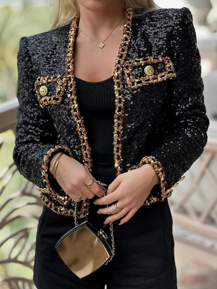 Fashion 2024 Designer Women's Gold Chains Sequined Jacket Coat Outfit Spring