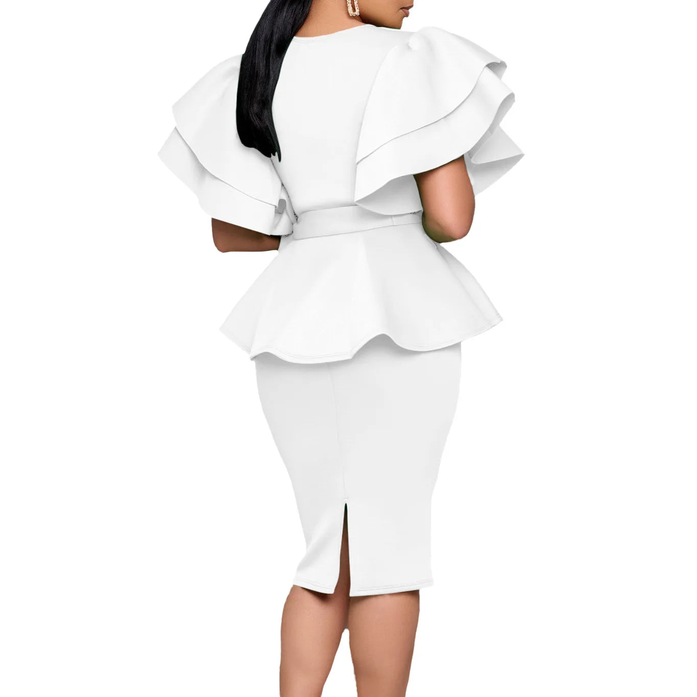 CM.YAYA Damen Kurzarm V-Ausschnitt Gürtel Hohe Taille Midikleid 2025 Sommer Afrika OL Business Abend Sexy Partykleider Vestidos