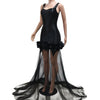 Neues schwarzes Mesh durchsichtiges Blumen-Rüschen-Luxus-Strass-Hochzeitsabend-Meerjungfrauen-langes Kleid Damen Träger Cocktail Geburtstagskleid