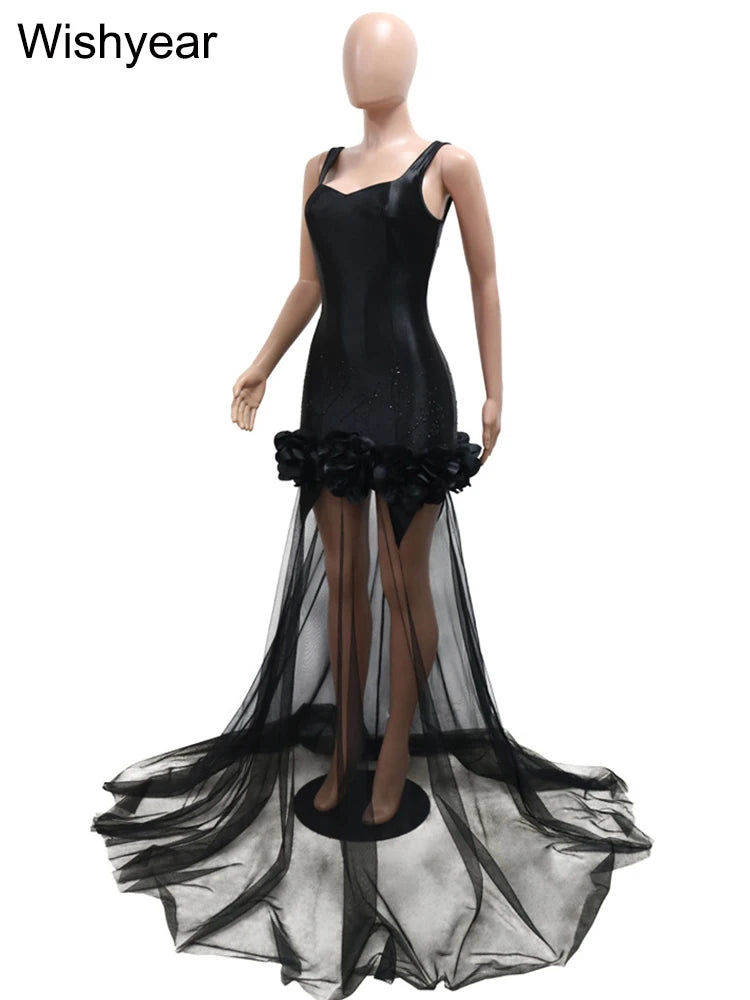 Neues schwarzes Mesh durchsichtiges Blumen-Rüschen-Luxus-Strass-Hochzeitsabend-Meerjungfrauen-langes Kleid Damen Träger Cocktail Geburtstagskleid