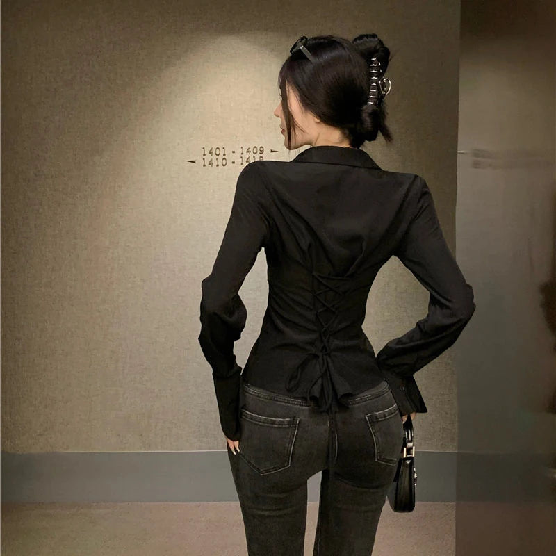 Gidyq Fashion Women Bandage Shirts Korean All Match Streetwear Female Slim Blouse Spring Casual White Bell Sleeve Shirt New