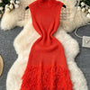 Joskaa 2025 Summer Women Elegant Round Neck Sleeveless Tassels Hem Bodycon Mini Knitted Dress Holiday Beach Party Clubwear