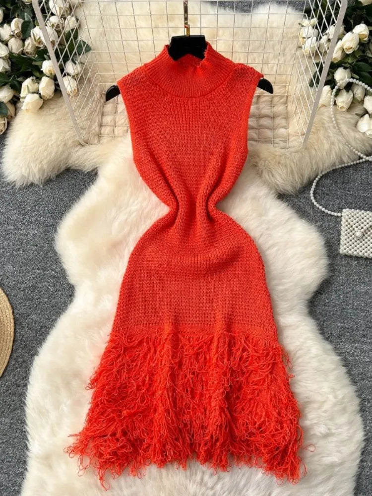 Joskaa 2025 Summer Women Elegant Round Neck Sleeveless Tassels Hem Bodycon Mini Knitted Dress Holiday Beach Party Clubwear
