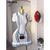 CM.YAYA Women Knit Ribbon Striped Short Sleeve V-neck Ruffles Mini Dress 2025 Summer Club Sexy Party Evening Dresses Vestidos