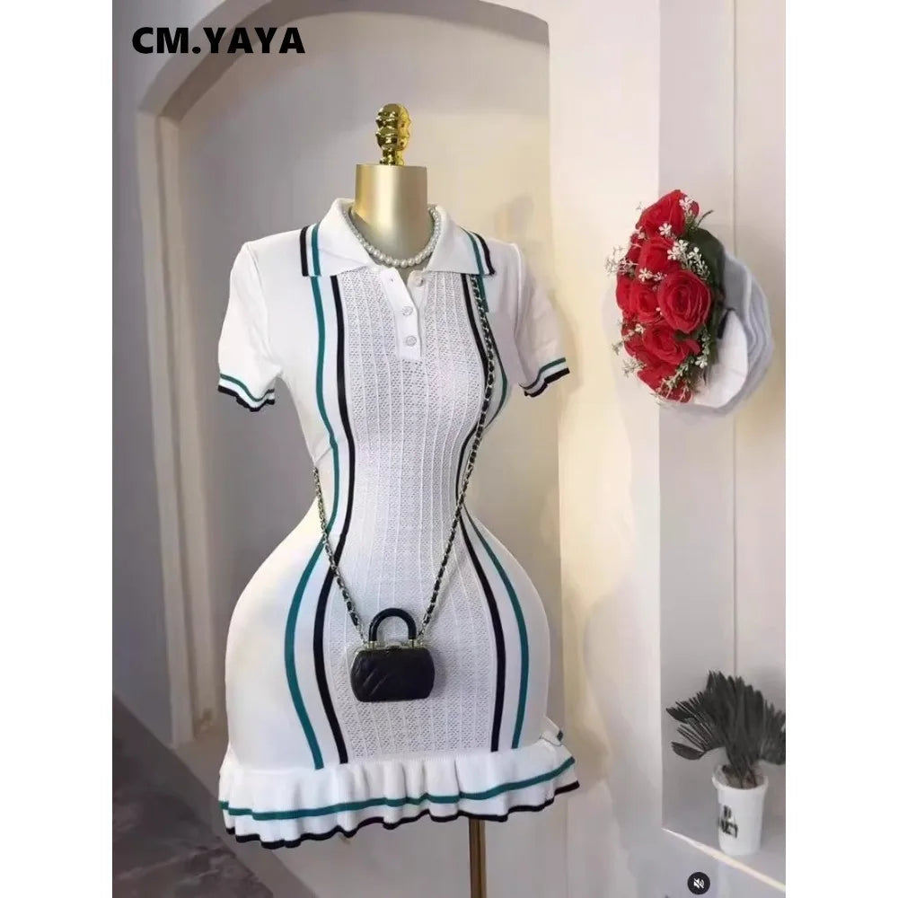 CM.YAYA Women Knit Ribbon Striped Short Sleeve V-neck Ruffles Mini Dress 2025 Summer Club Sexy Party Evening Dresses Vestidos