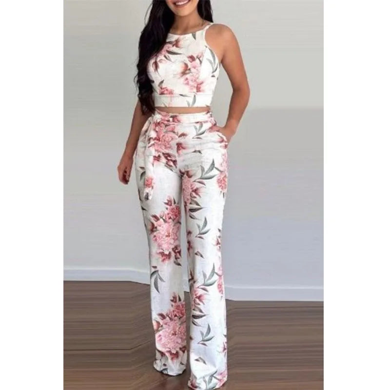 Summer Two Piece Set Women Fashion Short Print Sleeveless Vest High-waisted Wide-leg Pants Suit Two Piece Set Women Casual Suit