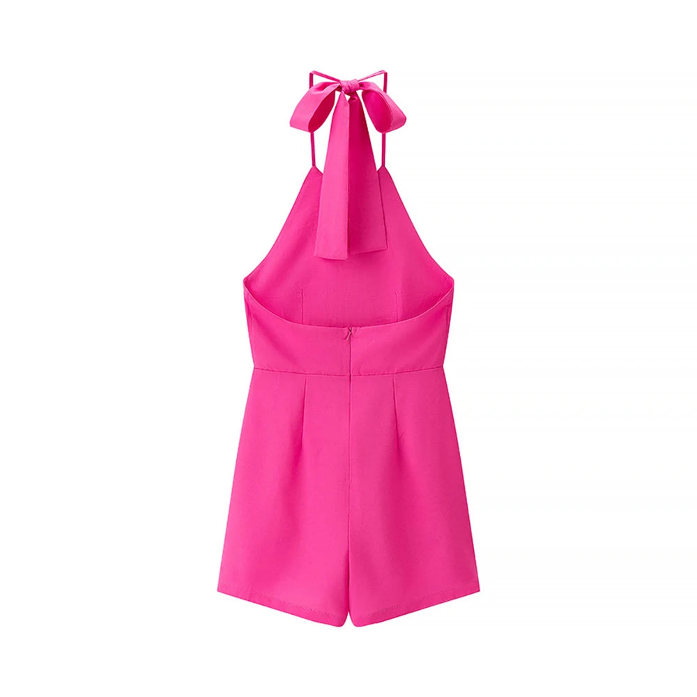 TWOTWINSTYLE Solid Office Playsuit for Women Halter Sleeveless High Waist Patchwork Bandage Backless Playsuits Female Fashion