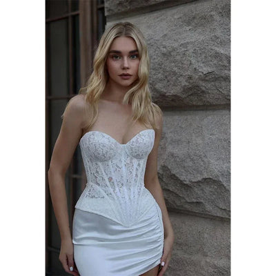 Stahlknochen Weißes Spitzenkorsett V-Ausschnitt Oberteil Überbrust Sexy Sheer Bustier Tops für Damen Einfarbiges Korsett Taillenmieder Shapewear Dessous