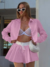 Oymimi Fashion Pink Cotton 2 Pieces Set For Woman Elegant Long Sleeve Single Breasted Crop Shirts And Drawstring Mini Skirts Set