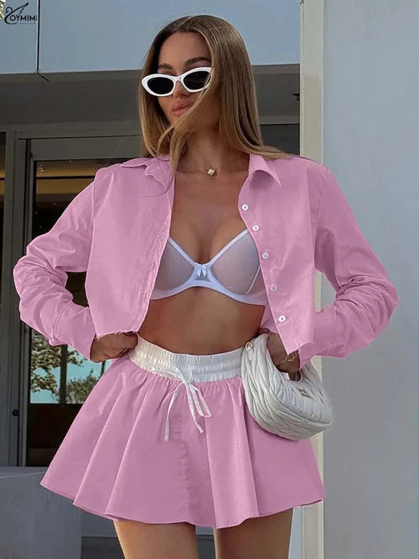 Oymimi Fashion Pink Cotton 2 Pieces Set For Woman Elegant Long Sleeve Single Breasted Crop Shirts And Drawstring Mini Skirts Set
