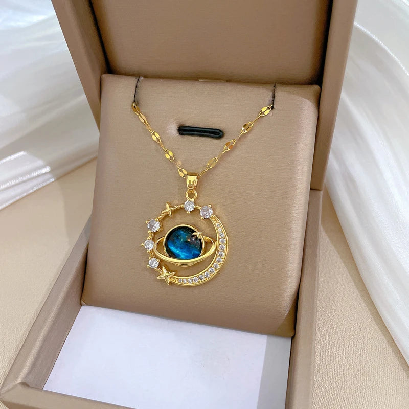 Stainless Steel Zircon Planet Star Pendant Necklace For Women Elegant Aesthetic Clavicle Chain Necklace Jewelry Party Gift