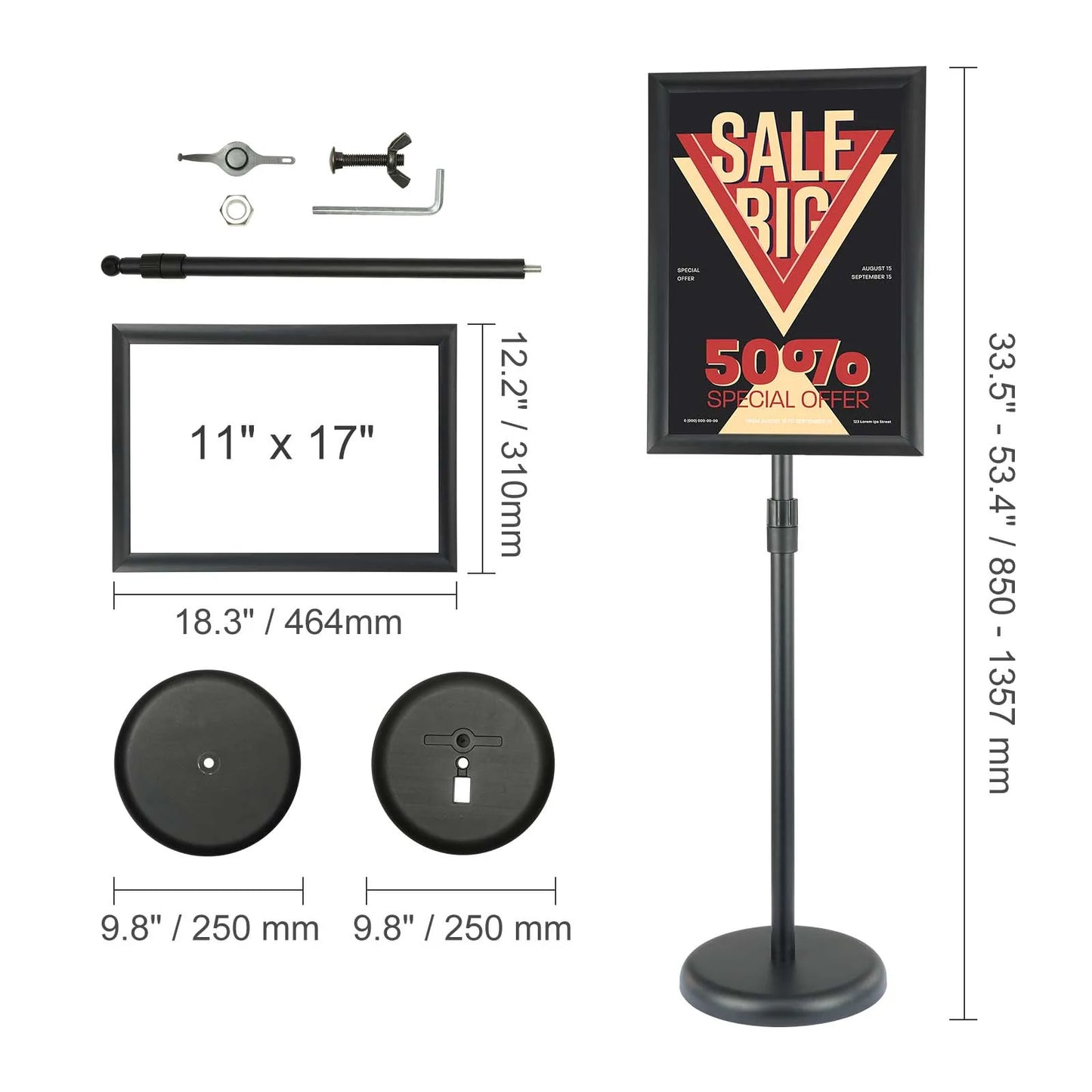 VEVOR Pedestal Sign Holder Vertical & Horizontal Adjustable Heavy-Duty Floor Poster Stand for Display Advertisement and Outdoor