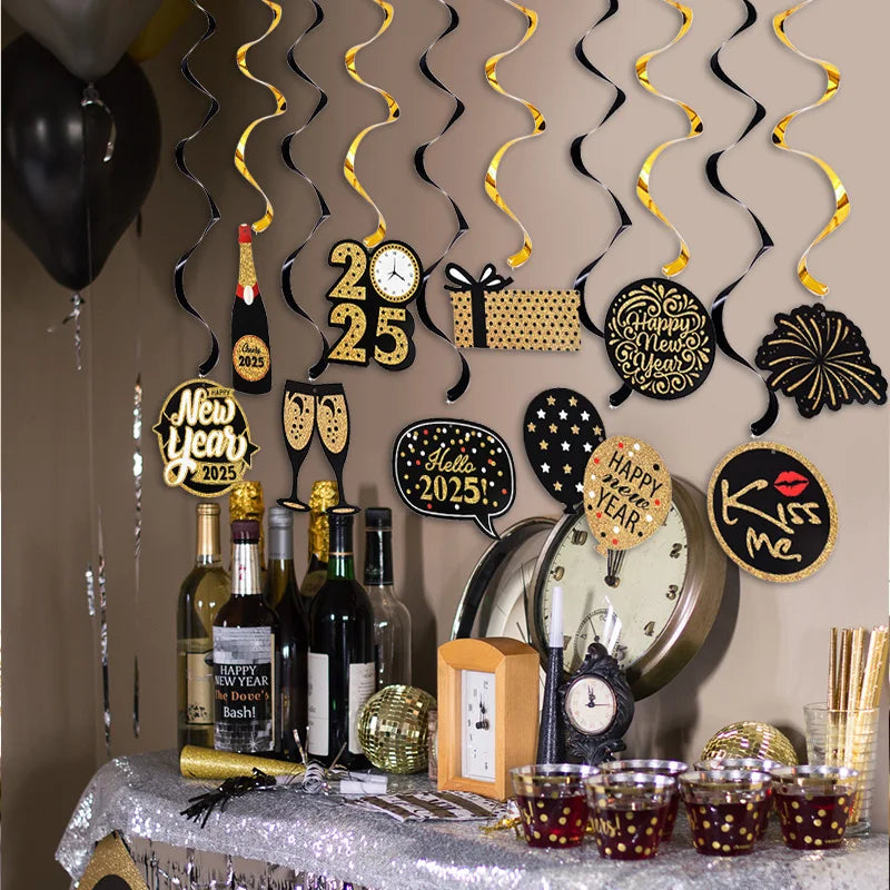 10pcs/set Happy New Year Spiral Hanging Banner Garland Hello 2025 New Year Eve Party Decoration Supplies Photo Booth Props Gift