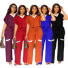 Elegant Women's Casual Short Sleeve T-shirt Sports Suit Summer Fashion Solid V Neck Short Top & Straight Pants Two Piece Sets