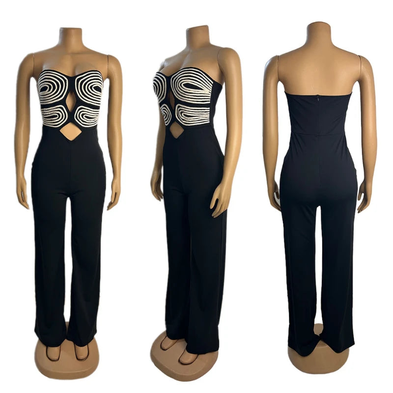 Damen-Jumpsuit 2025 Sommer Neu Temperament Modisch Sexy Ärmellos Gewebtes Band Trägerlos Rückenfrei Party Gerader Jumpsuit