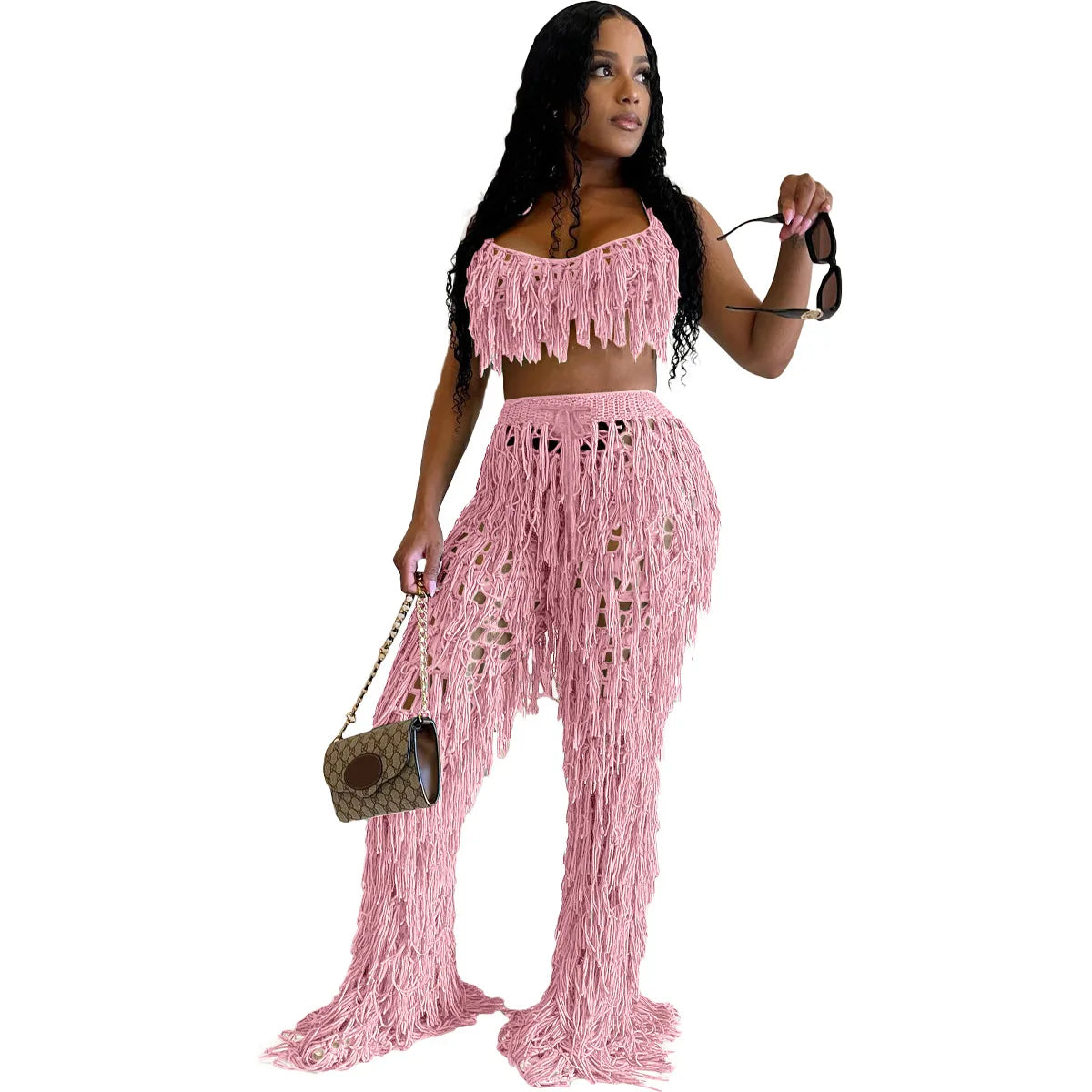 FAGADOER Sexy Hollow Out Tassels Pants Two Piece Sets Women Halter Sleeveless Backless Crop Top + Pants Outfit Female Streetwear