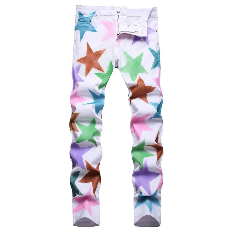 2023 New  Casual Mens Cotton Jeans Elastic Slim Skinny White Camouflage Printing Jeans Male Thin Denim Pants Vaqueros Hombre