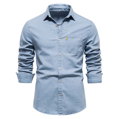 AIOPESON Herbst Neues Baumwoll-Herren-Denim-Hemd, einfarbig, eine Tasche, lässiges Langarmhemd, Herbst-Jeanshemd für Herren