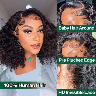 Deep Wave Bob Wig Human Hair Lace Front Wigs For Black Women Human Hair  Invisible Lace Wigs 200 Density 13x4 #1B Natural Black