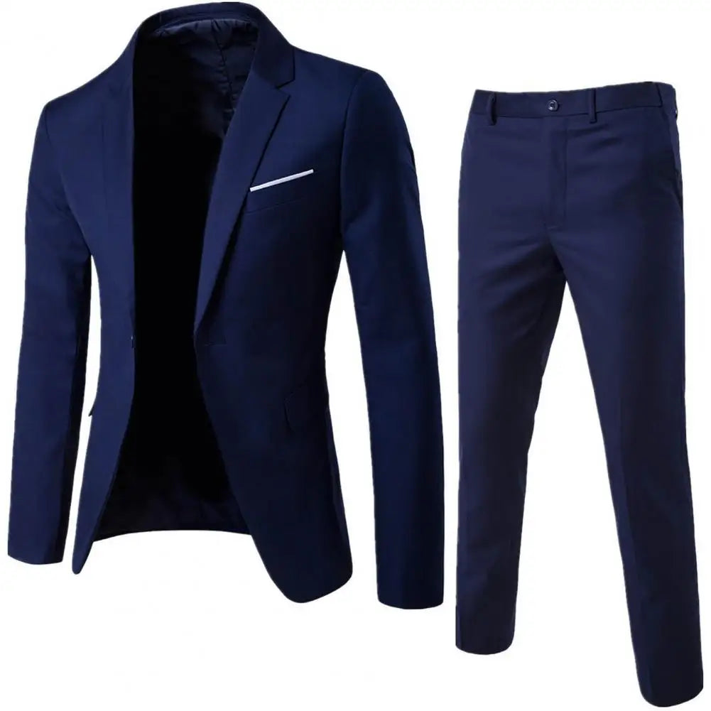 1 Set Stylish Formal Suit Temperament Men Pants Turndown Collar Pure Color One Button Suit Set Daily Wear