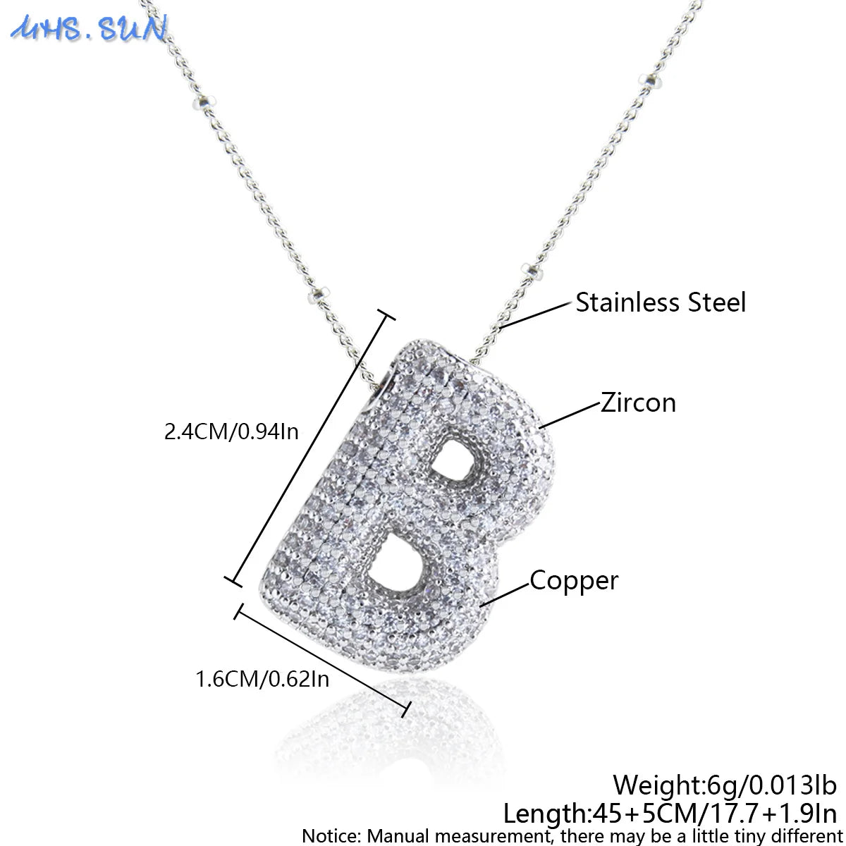 MHS.SUN Hochwertige Bubble Initialenkette Buchstabe A-Z Silberfarbene Zirkon 26 Initialen Ballon Anhänger für Damen Herren Schmuck