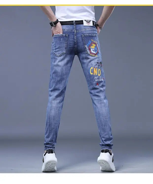 Fashion Printed Jeans Men's Korean Brand Embroidery Badge Pattern Youth Ripped Small Feet Teenagers Cowboy Pencil Pants