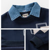 Spring Children Clothes Sweatshirt for Boys Denim Collar Fleece Pullover with Patch Pocket Casual Kids Top Long Sleeve T-shirt