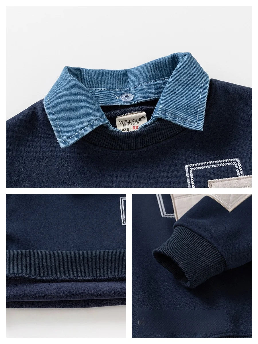 Spring Children Clothes Sweatshirt for Boys Denim Collar Fleece Pullover with Patch Pocket Casual Kids Top Long Sleeve T-shirt