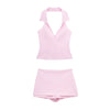 HH Women Pink 2 Piece Set Sexy V-Neck Sleeveless Backless Suspender Zipper Top+High Waist Back Pocket Mini Skirts Shorts Y2K