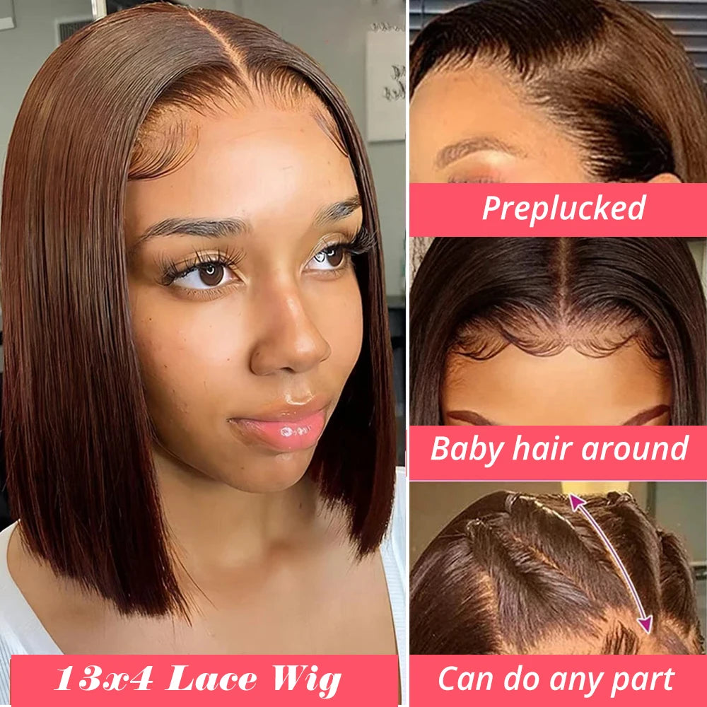 13x4 Lace Front Wig Bob Echthaar Braun Glatt 180% Dichte HD Transparent Lace Frontal Perücken Bob Haar Lace Front Perücke