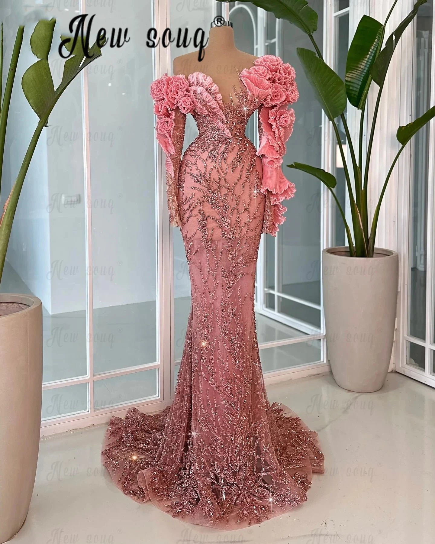 Rosa perlenbesetztes Meerjungfrauen-Abendkleid, langes, formelles Luxus-Hochzeits-Partykleid 2025, arabisch für schwarze Mädchen, Abschlussballkleider