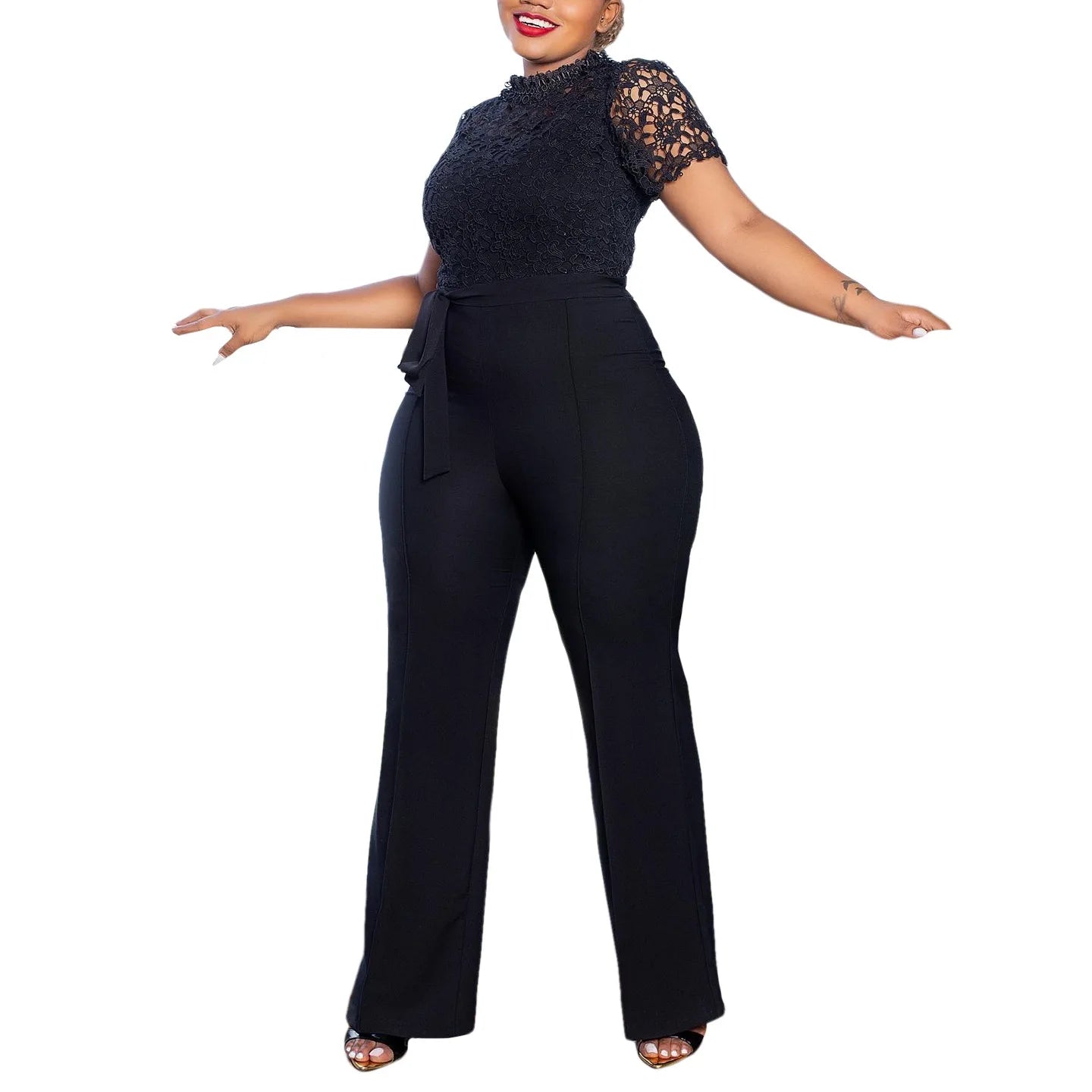 Elegante Jumpsuits & Rompers für Damen Rundhals Spitze Patchwork Kurzarm Gürtel Hohe Taille Luxus Geburtstagsparty Abend Outfit