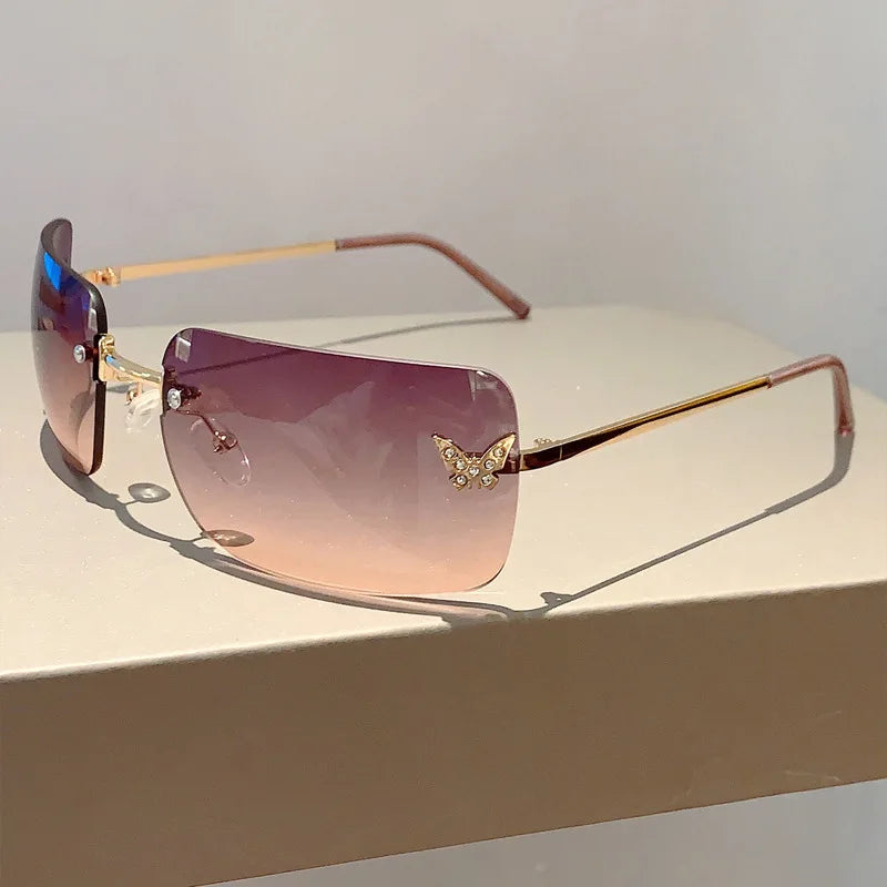 Y2K Luxusmarken Designer Randlose Quadratische Sonnenbrille Damen Für Weibliche Trendige Sonnenbrille Diamant Schmetterling Rosa Punk Shades UV400