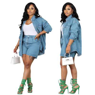 Denim Two Piece Sets Women 2024 Autumn Outfits Single Breasted Turn Down Collar Pockets Jacket Shorts Suit Short Pants Ensemble