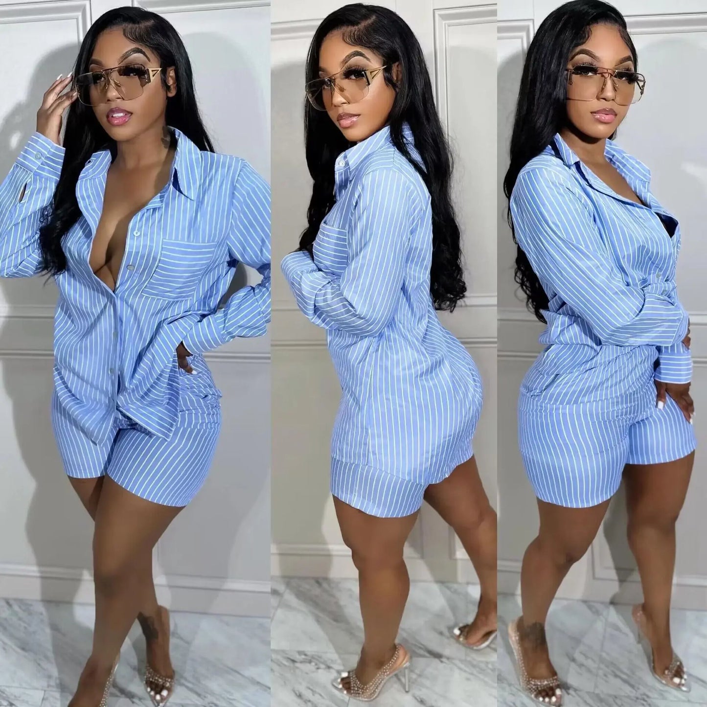 Two Piece Short Sets Women Striped Single Breasted Cardigan Blouses Shorts Elastic Waist Shirt Suit Casual Outwear Summer