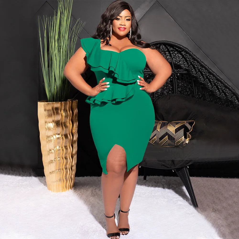 CM.YAYA Plus Size Women Ruffles Shoulder Sleeveless Bodycon Midi Dress 2023 Fashion INS Curve Sexy Party Club Dresses Vestidos