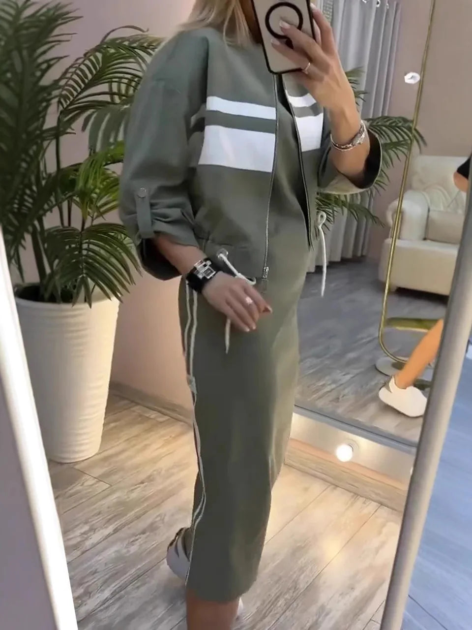 Women's Fashion Color-blocked White Striped Hip-covering Sweatshirt Dress 2piece Set Female Casual Zipper Jacket Coat Dress Suit