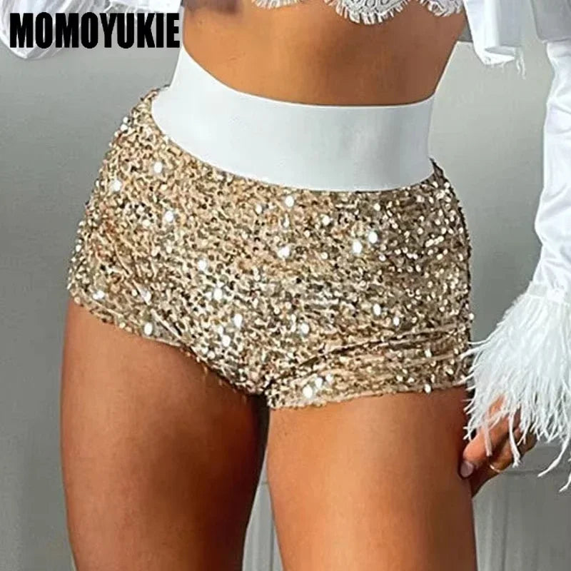 2023 Sommer Damen Mini Shorts Modetrend Pailletten Hohe Taille Glitzer Kleidung Sexy Skinny Party Nachtclub Shorts Streetwear