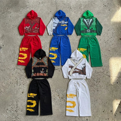 Y2K 2 piece set Anime Character Zipped Hoodie High Street Cosplay Print 5 Colors Daily Wear Trendy wide leg pants streetwear Set