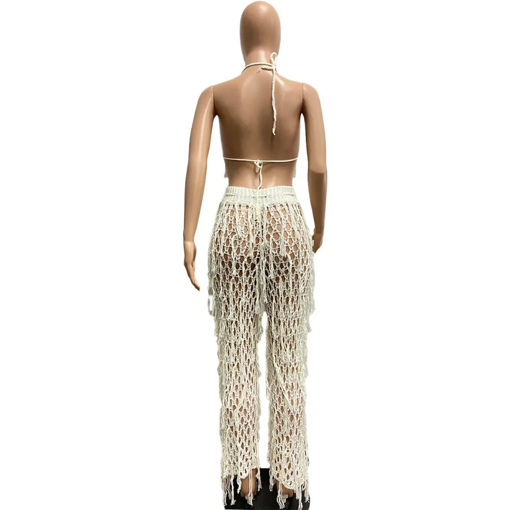 FAGADOER Sexy Hollow Out Tassels Pants Two Piece Sets Women Halter Sleeveless Backless Crop Top + Pants Outfit Female Streetwear