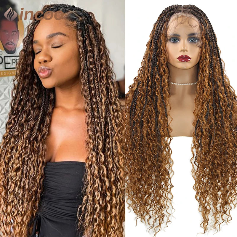 Boho Box Braided Wigs, gelocktes Kunsthaar, volle Lace-Front-Perücken für schwarze Frauen, Goddess Locs Braid Wig, Bohemian Box Braid Wig