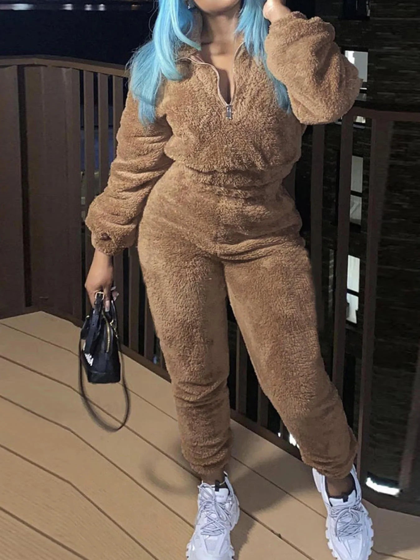 Winter New Plush Two Piece Set Casual Home Warm Suit For Women Fashion Zipper Lapel Pullover Top Elastic Waist Trousers Suit